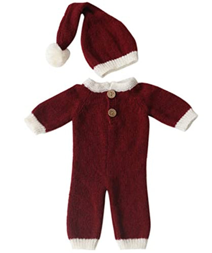 Christmas Newborn Baby Photo Shoot Props Outfits Crochet Clothes Santa Claus Red Hat Pants Photography Props - color: Red and White