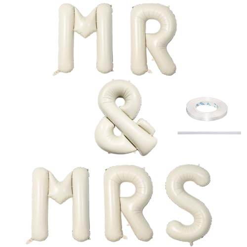 40 Inch Beige MR & MRS Balloons for Wedding Decor, Large Cream Mr and Mrs Foil Balloon Letter, Ivory White Sand Mr to Mrs Banner Sign for Bride Groom Engagement Couple Sweetheart Party Decorations - color: Cream - Mr & Mrs