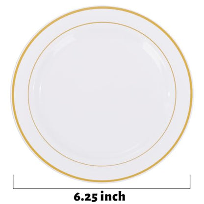 bUCLA 200PCS Gold Plastic Plates - 6.25inch White with Gold Trim Disposable Salad/Dessert/Appetizer/Small Cake Plates, Ideal for Wedding & Party - color: 6.25Inch-200pcs-Gold