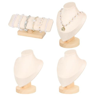 Rainmae 4Pcs Jewelry Display Set, Necklace Display Stand and T Bar Bracelet Holder, Wooden Necklace/Watch/Bracelet Display Rack, Jewelry Bust for Selling for Vendors Home Trade Organizer