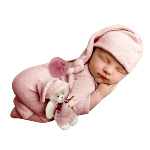 Newborn Baby Photo Shoot Props Girl Boy Crochet Knit Hat Costume Stripe Hat Pants Overalls Photography Props - color: Pink