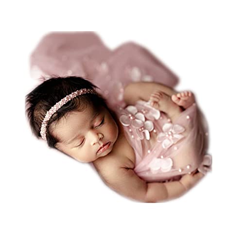 Coberllus Newborn Photography Props Boys Girls Wrap Blanket Baby Photo Shoot Floral Pearl Decorative Mesh Rug Layer Basket Filler (Light Pink) - color: Light Pink