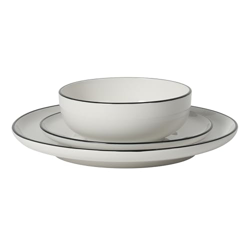 Gibson Home Havenstone 12-Piece Porcelain Dinnerware Set – Dinner Plates, Salad Plates & Bowls, Classic White With Black Rim Everyday Dish Set for Home, Kitchen, Microwave & Dishwasher Safe - color: White w/ Black Rim (Havenstone)