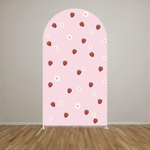 Strawberry Berry Shower First Baby Arch Backdrop Cover Pastel Pink Plaids Chiara Arched Stand Stretchy Cover for Birthday Party Decoratons (2.6x6ft,3277GX) - color: 3277GX, size: 2.6x6ft