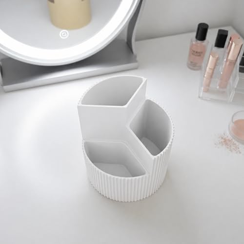 Vanity Makeup Organizer, White, 3-Compartment Brush Holder and Cosmetic Storage Cup, Modern Ribbed Design for Bathroom Countertop