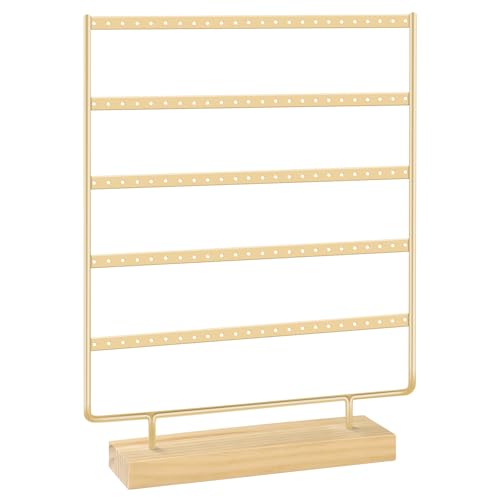 5 Tier 120 Hole Earring Holder Organizer, Rust Proof Metal and Wooden Base Jewelry Organizers and Storage for 60 Pairs of Earrings, Suitable for Home Storage and Sales Display - color: Gold