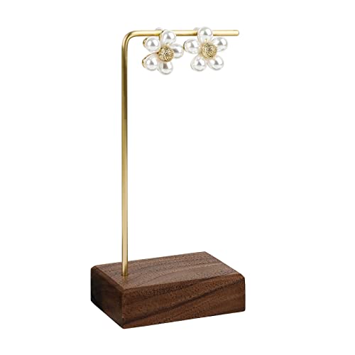 brass earring display stands for selling, wooden ear ring holders for jewelry, single stud holder jewelry display【Walnut brass earring stand Height 5.31"】