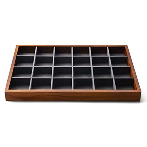 Oirlv 24 Grid Wood Jewelry Tray Microfiber Interior Jewelry Drawer Organizer Showcase Display Box Ring Earrings Holder(Grey) - color: Grey 24 grid tray