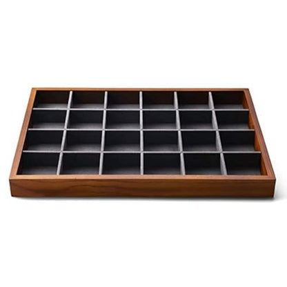 Oirlv 24 Grid Wood Jewelry Tray Microfiber Interior Jewelry Drawer Organizer Showcase Display Box Ring Earrings Holder(Grey) - color: Grey 24 grid tray