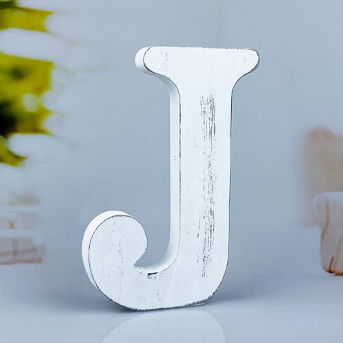 6 Inch Rustic White Wood Letters Unfinished Wood Letters for Wall Decorative White Retro Standing Letters Sign Board Decoration for Craft Home Party Projects (J) - color: J