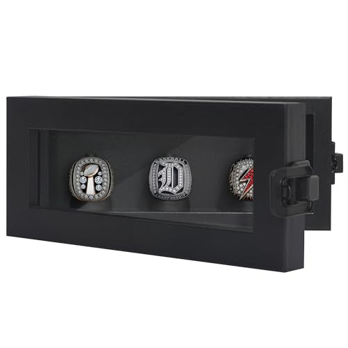 Americanflat 3.5x8 Championship Ring Display Case with Lock and Key - Hold 3 Rings - Black Ring Case for Jewelry Display with Shatter-Resistant Glass - Freestanding or Wall-Mounted Displays for Rings - color: Black, size: 3.5x8