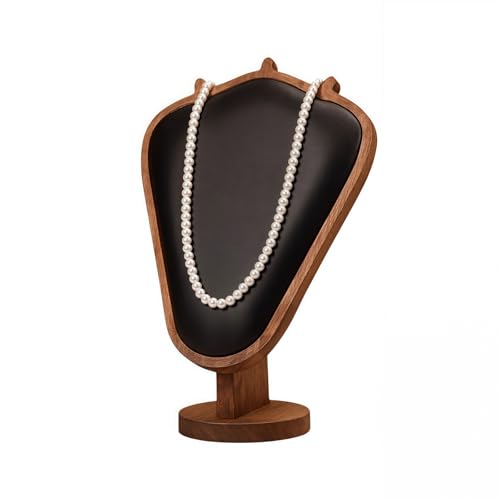 Walnut Color Body Wood Necklace Display Stand with Black Leather Soft Mat Necklace Holder Organizer Desktop Stand for Home Store Dresser-4.45"x8.4"x12" - color: Walnut-Black, size: 4.45"x8.4"x12"