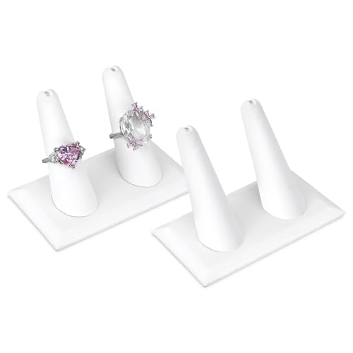 MOOCA 2 Pcs Set 2-Ring Organizer for Showcase Display Ring Finger Holder Jewelry Display Stands Showcase Jewelry Storage Counter, White PU Leatherette, 3 1/2 W x 2 D x 2 1/8 H inch - color: White Faux Leather, Long Finger