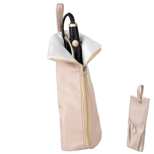 Heat-Proof Travel Pouch for Straighteners and Curling Wand, Waterproof Hanging Organizer with Zipper Closure, Salon Tools Bag with Extra Storage Pocket and Snap Strap (Khaki)