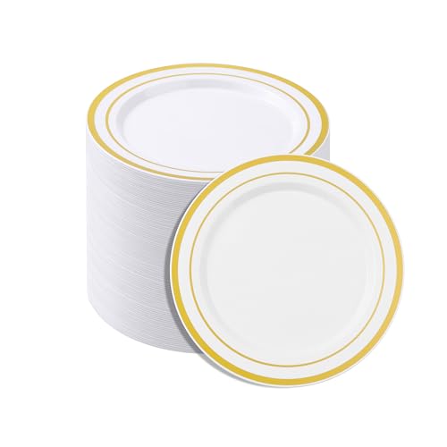 BESTSTAR 7 Inch White with Gold Rim Plastic Plates,100PCS Disposable Dessert/Appetizer/Small Cake Plates,Heavy Duty Plate Ideal for Wedding and Birthday - color: White Gold, size: 7 inch