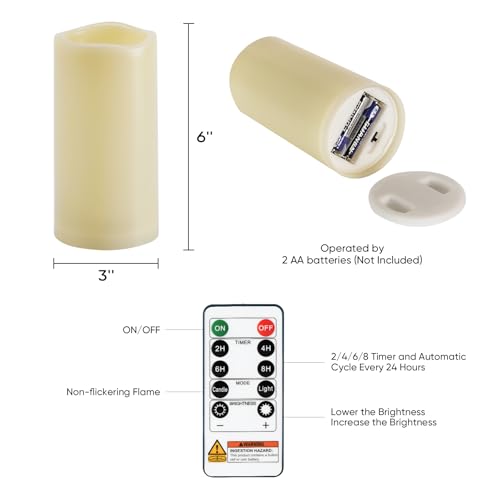 Homemory 3" x 6" Waterproof Flameless Candles, Outdoor Indoor Battery Operated LED Pillar Candles with Remote Control and Timer, Plastic, Long Lasting, Set of 6 - size: Set of 6,3"x6"