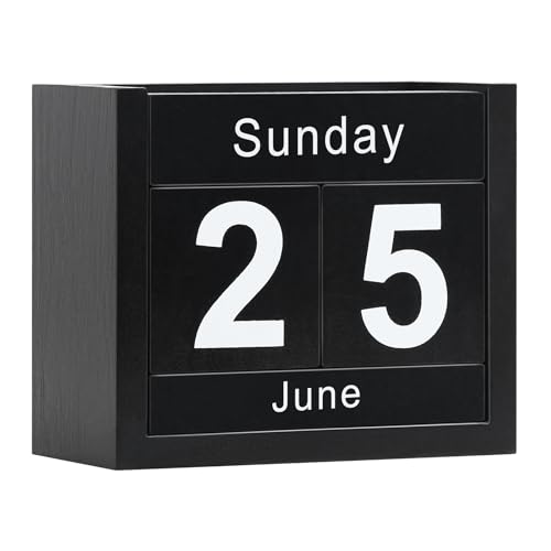 Wooden Block Calendar for Desk, Daily Desktop Perpetual Desk Calendar, Cute Date Display Blocks Desk Accessory for Home Office Decor, Teacher, Classroom, Reusable Yearly, Black - color: Black