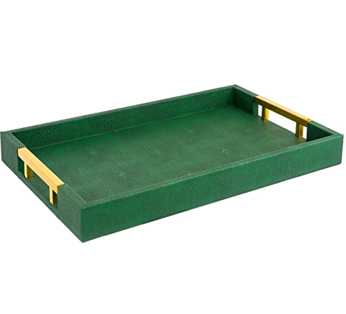 Modern Elegant 17.5"x12" Rectangle Emerald Green Shagreen Faux Leather Decorative Tray Ottoman Coffee Table Perfume Living Room Kitchen Serving Tray with Gold Polished Metal Handles for All Occasion's - color: Emerald Green/Gold