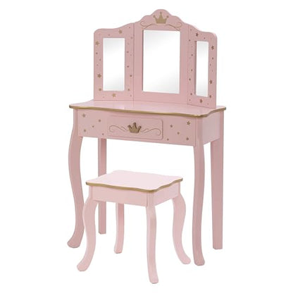 UTEX Kids Vanity Set with Mirror and Stool, Kids Make Up Vanity Desk with Mirrror for Little Girls, Children Makeup Dressing Table with Drawer, Pink - style: Pink-Crown