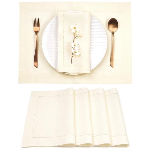 D'Moksha Homes Linen Placemats Set of 4 - Classic Hemstitch Ivory Placemats 14 x 19 Inch - 100% Pure Linen Table Mats for Spring - Handcrafted and Machine Washable - color: 10 - Ivory