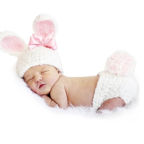 ForBaysy Newborn Photography Props Boy Girl Crochet Bunny Costume Set Baby Photo Shoot Outfits with Rabbit Ear Hat - color: White Bunny Outfits