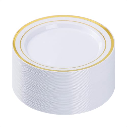 BESTVIP 50PCS Gold Plastic Plates, 10.25 Inch Disposable Dinner Plate Party with Gold Rim, Heavy Duty Disposable Plastic Plates for Christmas, Thanksgiving, Party, Wedding and Birthday - color: Gold, size: 50PC