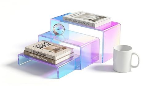 Stackable Acrylic Display Risers, 4 Sets 12 Pieces Clear Riser Stands, 3-Tier Iridesc Stair Stands for Cupcakes, Jewelry, Makeup - Waterproof & Easy Clean, Space-Saving Nesting Design (3 Sizes) - color: Iridescent