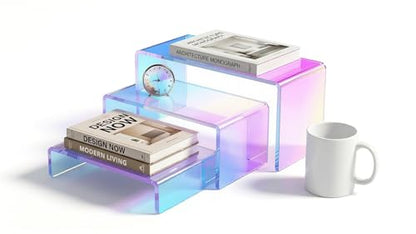 Stackable Acrylic Display Risers, 4 Sets 12 Pieces Clear Riser Stands, 3-Tier Iridesc Stair Stands for Cupcakes, Jewelry, Makeup - Waterproof & Easy Clean, Space-Saving Nesting Design (3 Sizes) - color: Iridescent