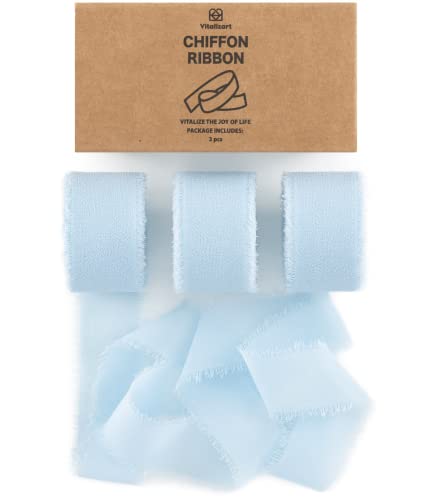 Vitalizart Baby Blue Chiffon Silk Ribbon 1" x 21 Yd Fringe Fabric Package (3 Rolls * 7 Yd) for Wedding Invitations Bridal Bouquets Decorations Gifts Wrapping & Bow Making - color: light blue
