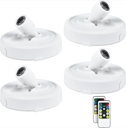 4 Pack Wireless LED Spotlight Battery Operated Picture Puck Lights with 2 Remote, Dimmable Stick Spot Lights with Timmer for Wall Display Painting Dartboard Artwork Accent Closet - color: White, size: 4Pack