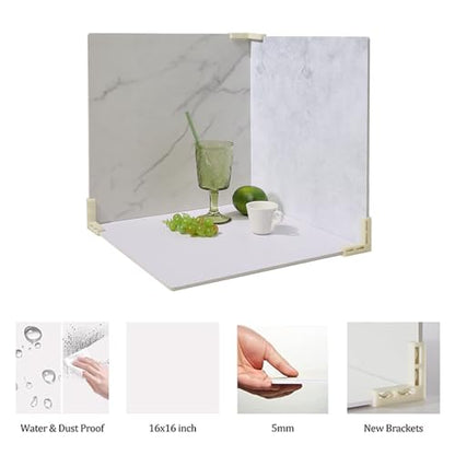 4PCS Double Sided Backdrop Boards, 16x16 inch Waterproof Photo Backdrop with 4PCS Board Brackets, 2PCS Pane Brackets, 1PCS 16x16 inch Window Shadow Pane for Food, Jewelry Photo Shooting - color: Marble/LightWall/EggshellYolk/BeanPasteBrown/Pane