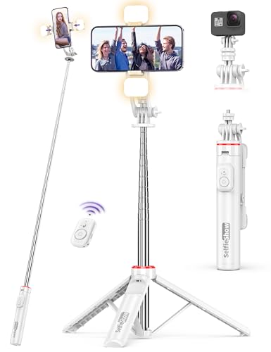 Selfie Stick Tripod with 2 Light, 3 Light Modes & 6 Brightness Levels Extendable Phone Tripod with Detachable Remote & Phone Holder, Portable Camera Tripod Compatible with iphone16 15 14 13/Android - color: White