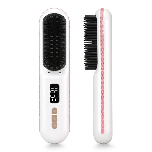 Hair Straightener Brush, Portable Cordless Straightening Brush for Travel, Negative Ion Hot Comb Hair Straightener with 9 Temps for Women, Anti-Scald Ceramic, Fast Charge - color: B1-white With Pink