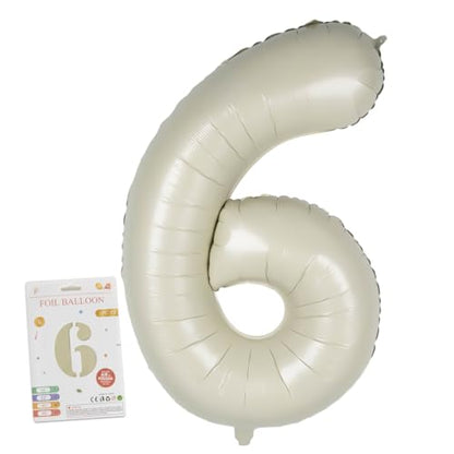 CARGEN 40 Inch Creamy White Number 6 Balloon, Large Beige Foil Mylar Digital 0-9 for Birthday Decorations, Boho Neutral Party Supplies, Wedding Anniversary Photo Props, Helium or Air Fill - style: Number 6