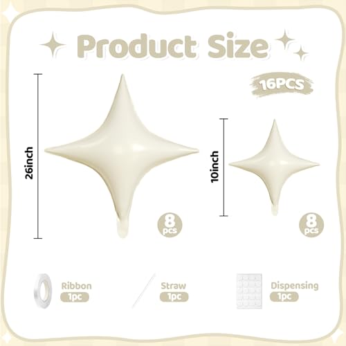 Cream Balloons, 16 PCS Four Angle Star Foil Balloons, 26 Inch and 10 Inch Cream Stars Shaped Balloon for Graduation Birthday Baby Shower Anniversary Retirement Engagement New Year Party Decorations - color: Cream
