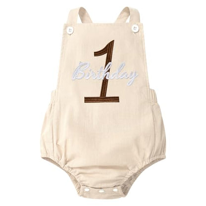 IMEKIS Baby Girls Boys Boho 1st Birthday Outfit Backless Overalls Romper for Cake Smash Photo Shoot - color: Apricot 1 Birthday, size: 9-12 Months