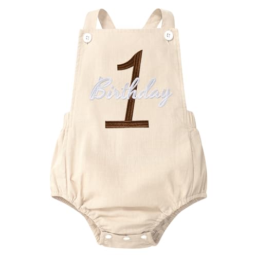 IMEKIS Baby Girls Boys Boho 1st Birthday Outfit Backless Overalls Romper for Cake Smash Photo Shoot - color: Apricot 1 Birthday, size: 12-18 Months