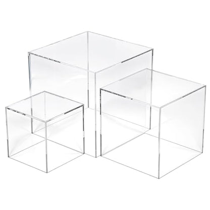 3 Pcs Acrylic Boxes for Display, 3" 4" 5" Small Square Clear Acrylic Cube with Hollow Bottoms, Nesting Riser Display Stand Shelf Food Risers for Buffet Table Dessert Collectibles Jewelry Figures Show