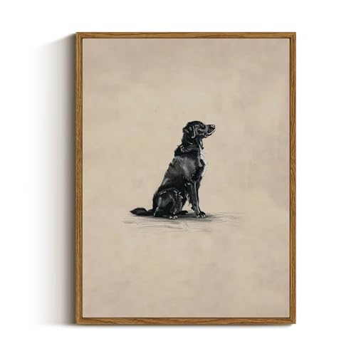 VIYYIEA Vintage Framed Black Dog Wall Art, Bedroom Living Room Minimalist Animal Art Decor, Antique Dog Canvas Print Paintings, Home Farmhouse Retro Still Life Decor, 12x16 Inch - color: Black Labrador Dog, size: 16"L x 12"W