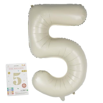 CARGEN 40 Inch Creamy White Number 5 Balloon, Large Beige Foil Mylar Digital 0-9 for Birthday Decorations, Boho Neutral Party Supplies, Wedding Anniversary Photo Props, Helium or Air Fill - style: Number 5
