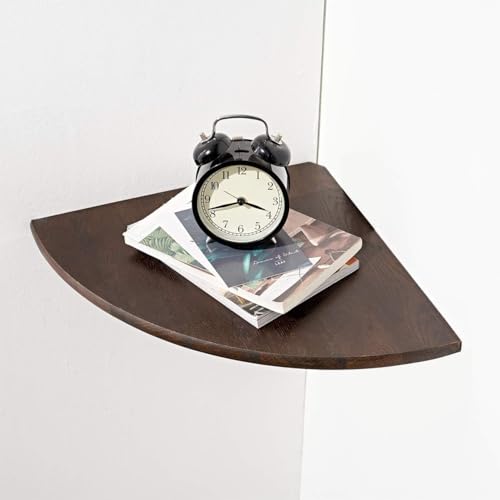 Corner Shelf, Solid Oak Wood Floating Corner Shelf Wall Mount Round End Floating Speaker with Wire Hole for Small Plant Photo for Bedroom Kitchen, Living Room Walnut - color: Walnut, size: 8.7in