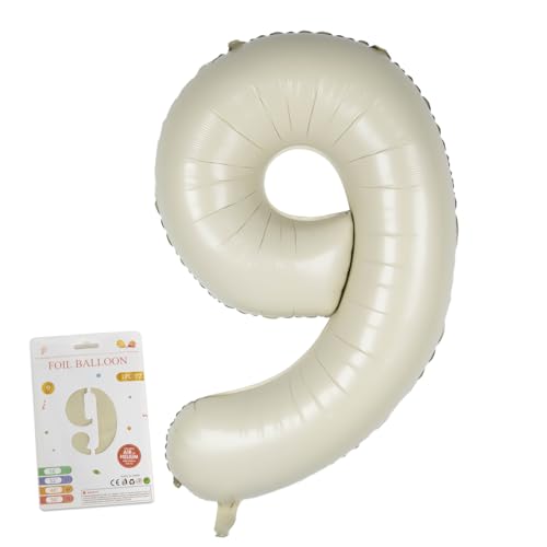 CARGEN 40 Inch Creamy White Number 9 Balloon, Large Beige Foil Mylar Digital 0-9 for Birthday Decorations, Boho Neutral Party Supplies, Wedding Anniversary Photo Props, Helium or Air Fill - style: Number 9