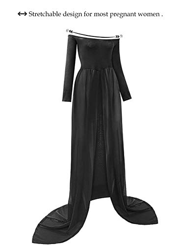 ZIUMUDY Maternity Maxi Chiffon Photography Dress Split Front Gown for Photoshoot - color: Black