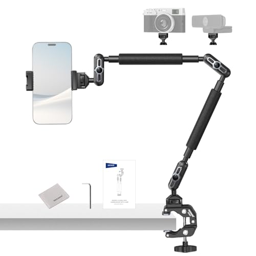 NEEWER Magic Arm Camera Mount, Overhead Desk Phone Mic Stand Holder, 22" Articulating Boom Arm C Clamp 1/4" 3/8" Threads for ARRI for Microphone Webcam Action Camera Video Light, Cleaning Cloth, UA057 - style: UA057 w/Cleaning Cloth