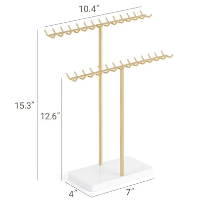 Mkono Necklace Holder Organizer Metal Jewelry Display Stand 2 Tier Bracelet Hanger Gold Tree Tower Rack for Storage Bangles and Earrings Gift for Women Bedroom Dressing Table Decor