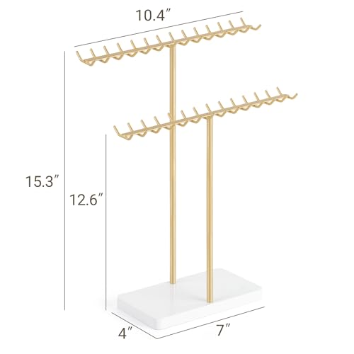 Mkono Necklace Holder Organizer Metal Jewelry Display Stand 2 Tier Bracelet Hanger Gold Tree Tower Rack for Storage Bangles and Earrings Gift for Women Bedroom Dressing Table Decor