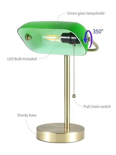 Traditional Green Glass Bankers Desk Lamp with Pull Chain Switch Plug in Fixture,LED Bulb Included - color: Green