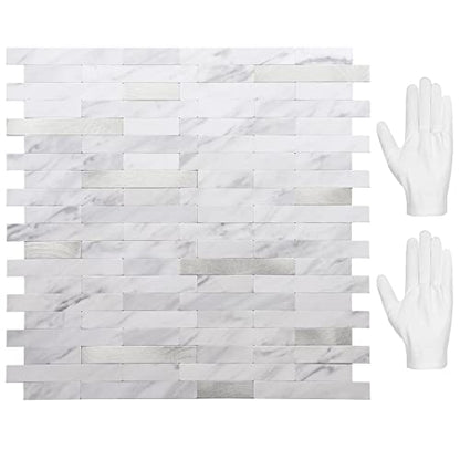 STICKGOO Peel and Stick Backsplash, PVC Wall Tiles Stick on Backsplash for Kitchen(10 Sheets, White Marble with Metal Silver) - color: White Marble with Metal Silver