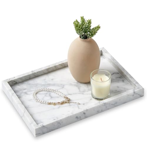 Large Marble Vanity Tray, Luxury Stone Organizer for Bathroom & Kitchen Counter | Holds Soap Dispenser, Jewelry, Perfume Bottles | Non-Resin, Non-Ceramic Décor - color: White, size: 11.8" x 7.8" x 1.2"