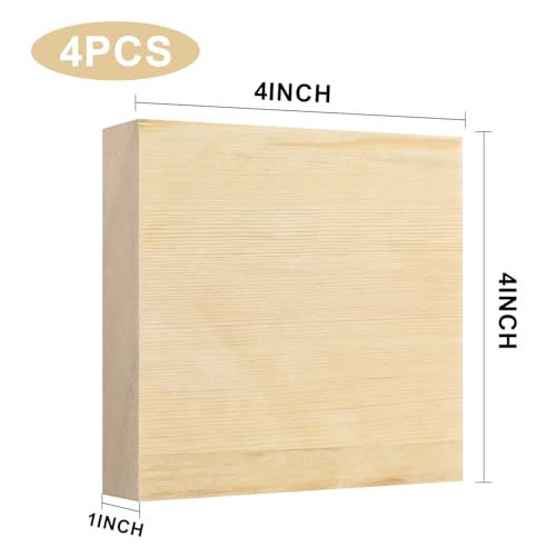 4 Pcs Solid Wood Carving Blocks, 4x4x1 Inch Unfinished Whittling Blocks for Crafts, Wooden Art Block for Crafts DIY Projects Classes Photo Blocks Painting Wall Decorations - size: 4x4x1 Inch